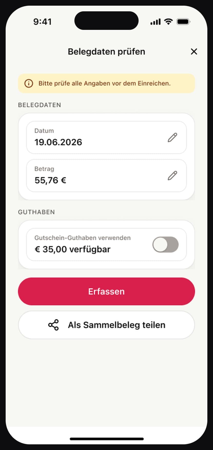 Belegdaten prüfen: ausgelesenes Datum und Betrag zur Bestätigung