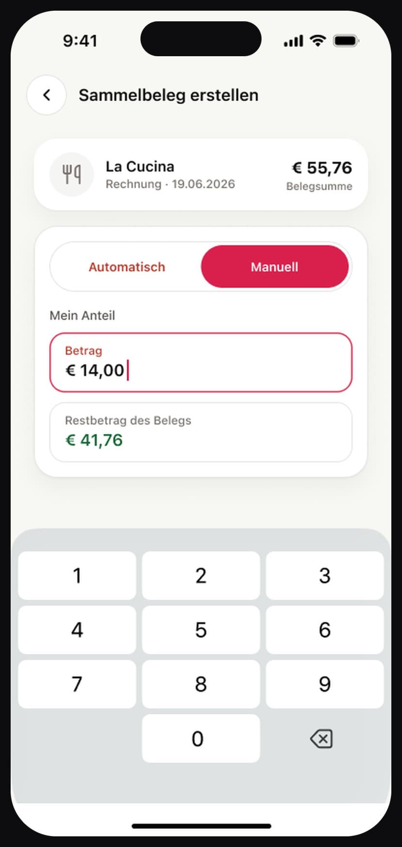 Sammelbeleg in der digibon-App: der eigene Anteil wird eingetragen, der Restbetrag bleibt sichtbar