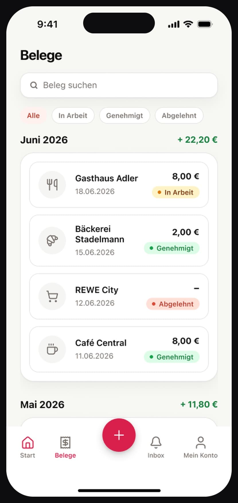 Belegübersicht mit Status je Beleg und Monatssumme