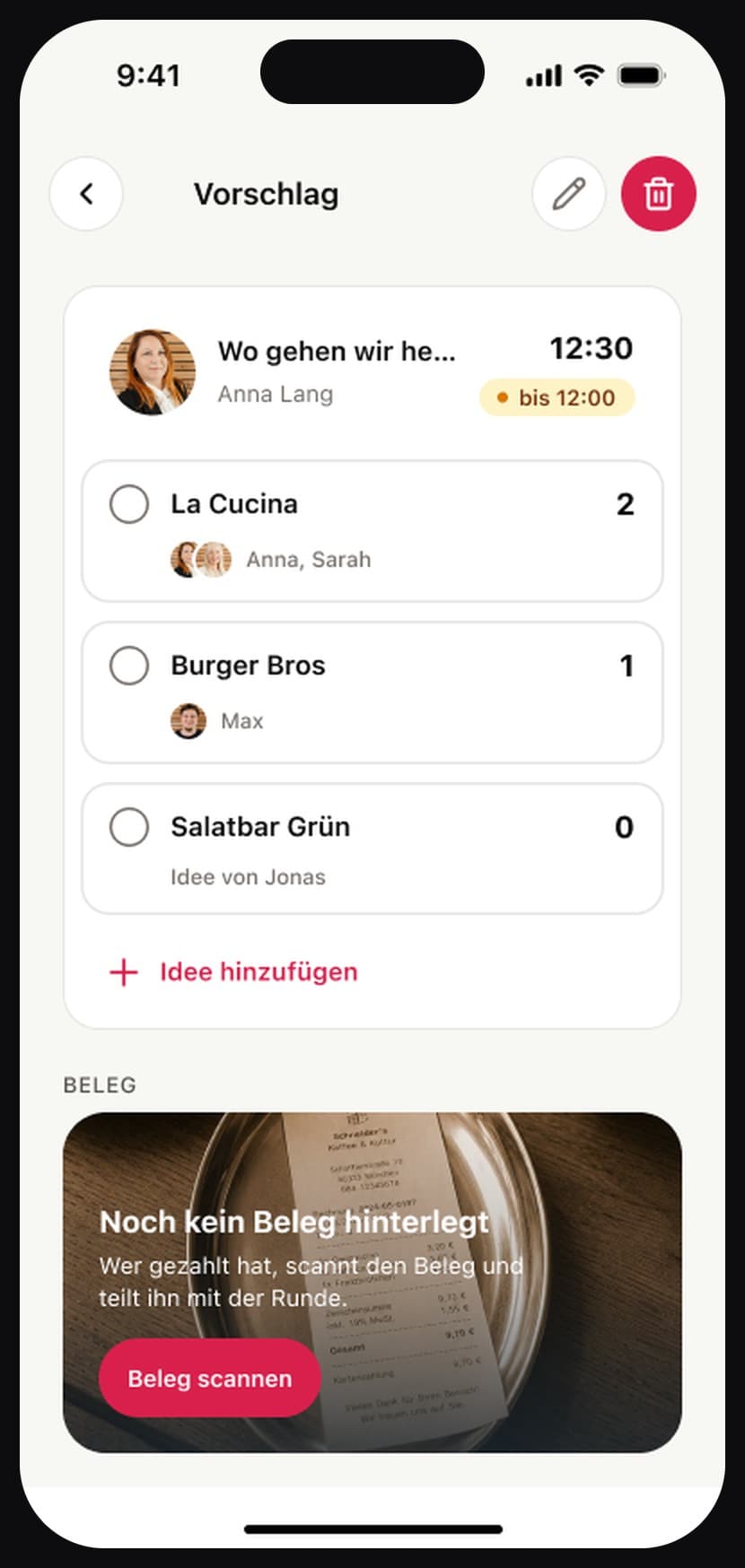 Essensplaner in der digibon-App: offener Vorschlag mit drei Lokalen und den Stimmen des Teams