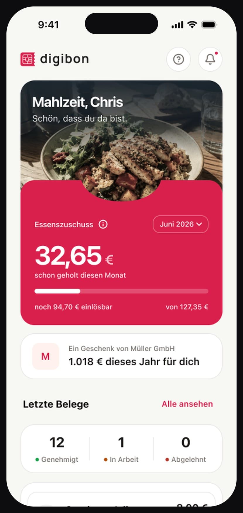 Startbildschirm der digibon-App mit dem aktuellen Guthaben